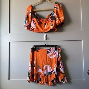 Reformation Sinead Crop Top Wrap Skirt Floral Set of 2 Size 12 Orange Vacation